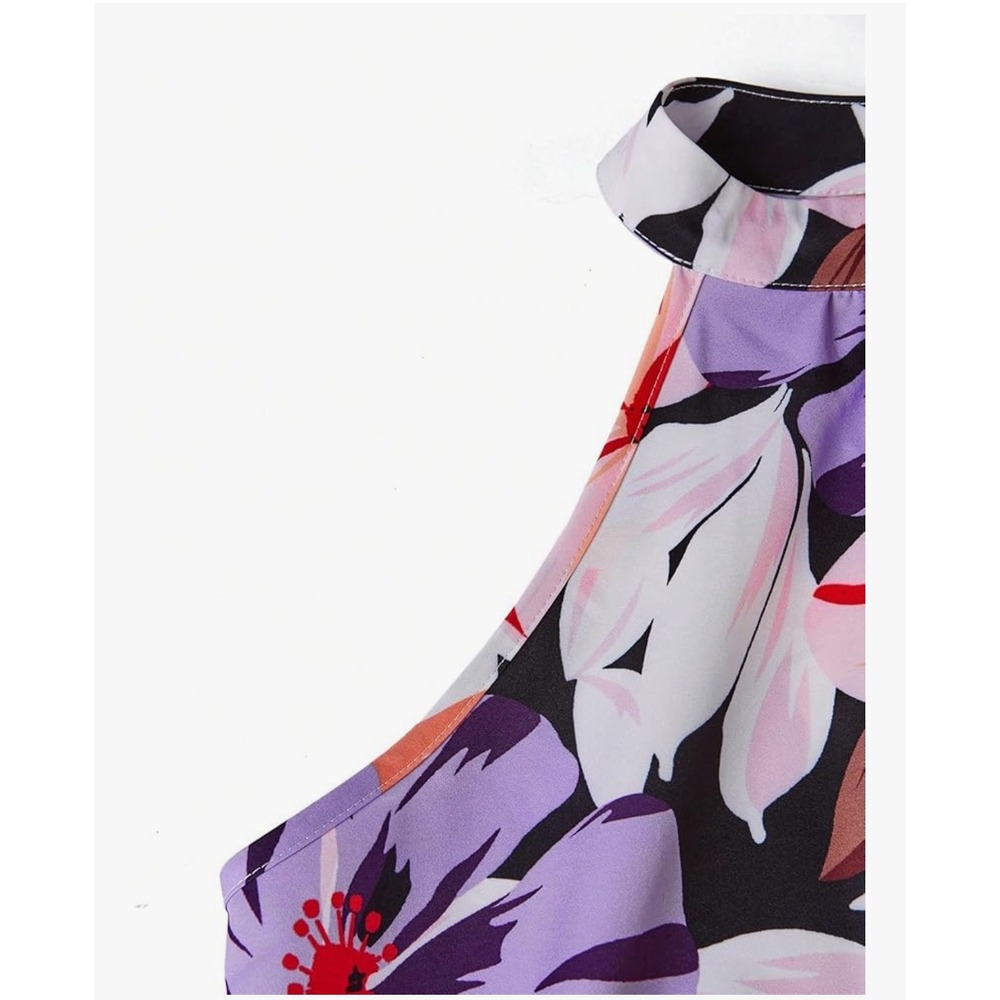 Purple Floral High Neck Halter Top Sleeveless Tropical Blouse Small - Picture 5 of 12